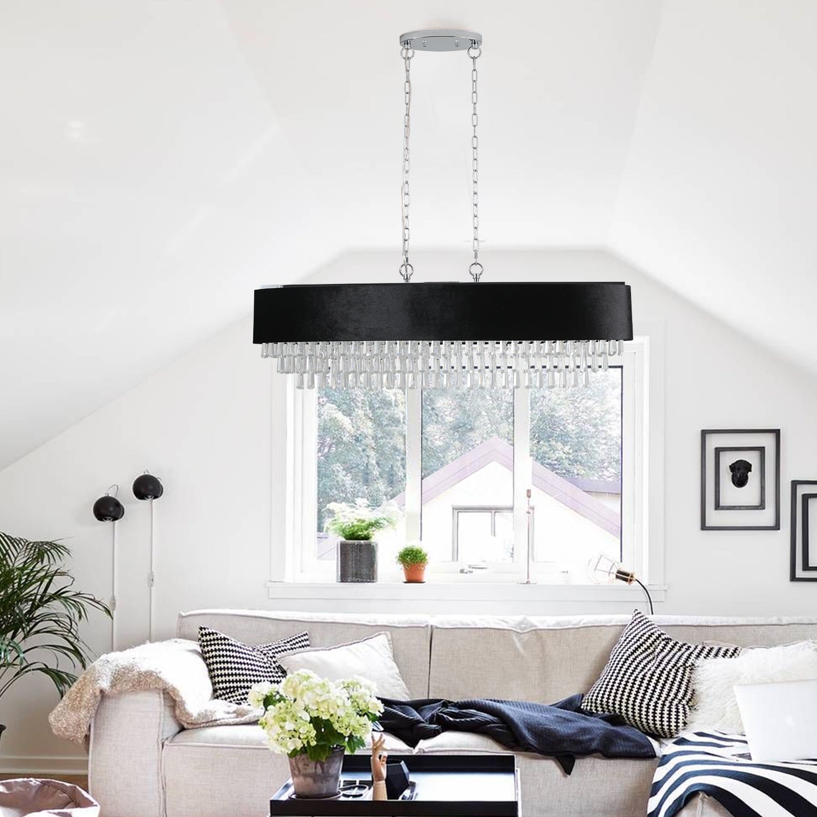 Chandelier suspended by two chains with black imitation velvet drum shade and crystal pendants on Tampa Home & Garden Store