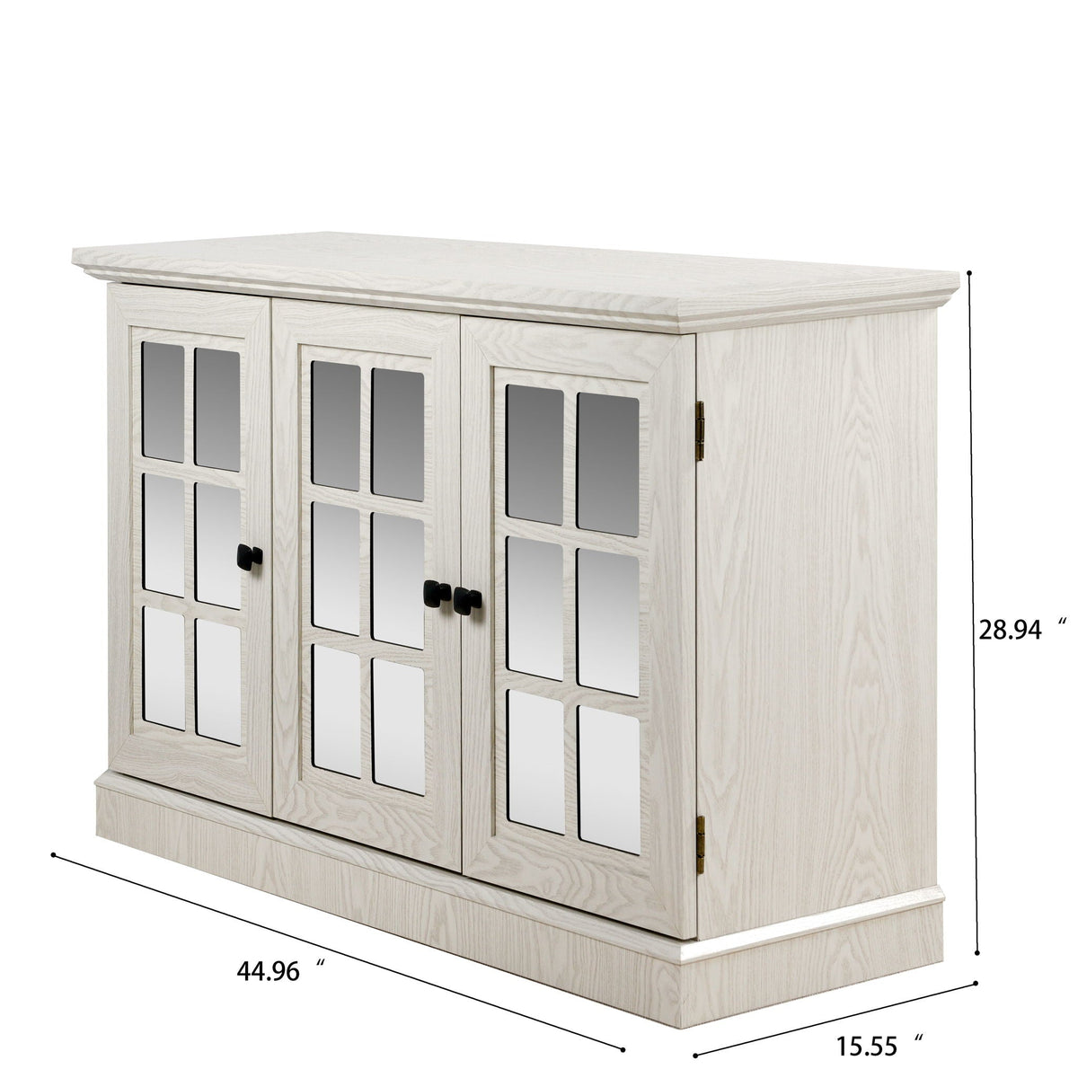 Storage cabinet with 3 mirrored acrylic doors and adjustable shelves in a whitewashed finish on Tampa Home & Garden Store