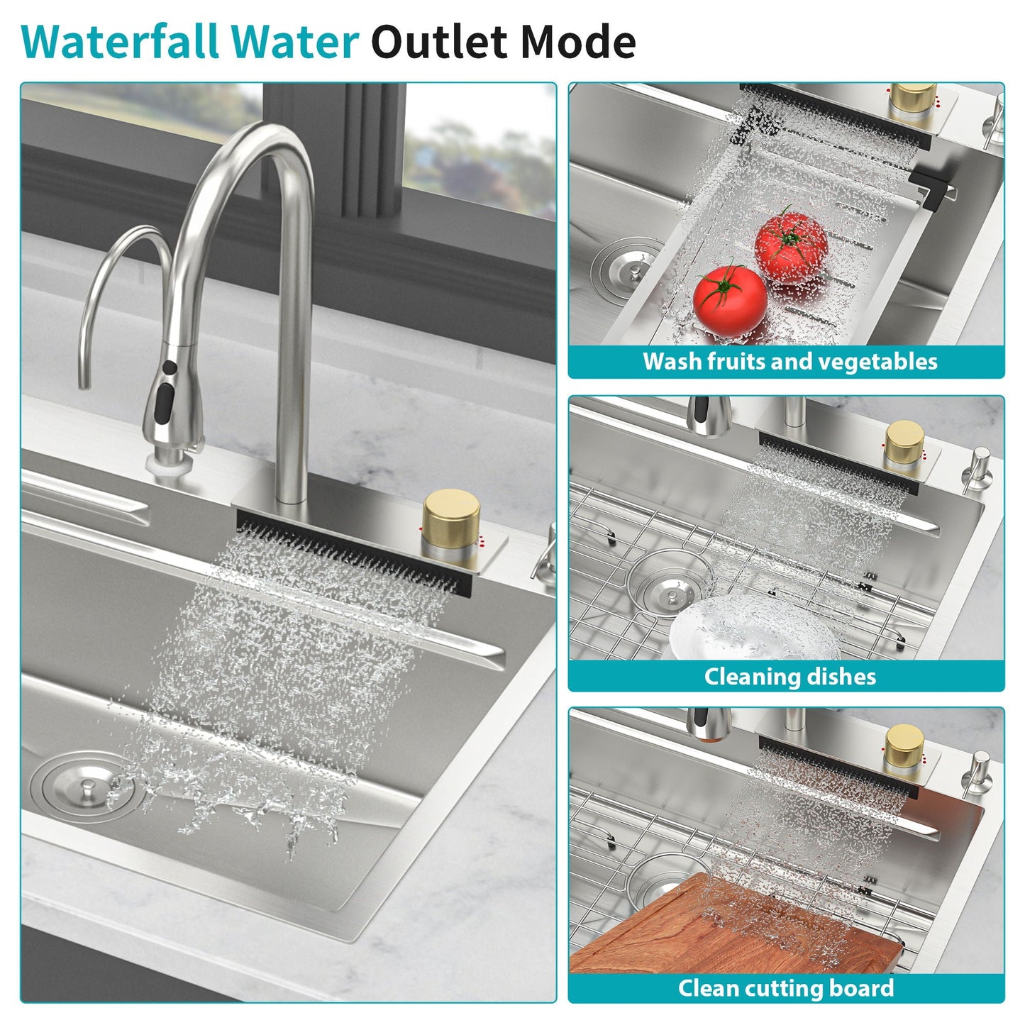 Brushed Waterfall Sink with Faucet and Cup Washer