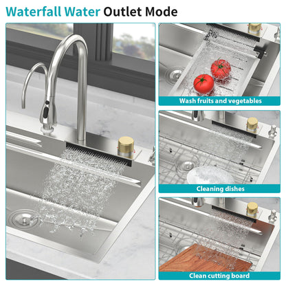 Brushed Waterfall Sink with Faucet and Cup Washer