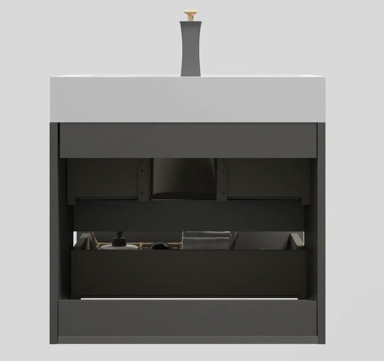 Alice bathroom vanity with white countertop and dark gray cabinet on Tampa Home & Garden Store