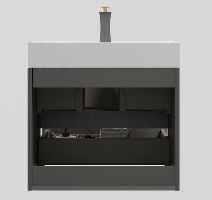 Alice Bathroom Vanity With Sink gray two-tone vanity with white countertop and brass faucet on Tampa Home & Garden Store