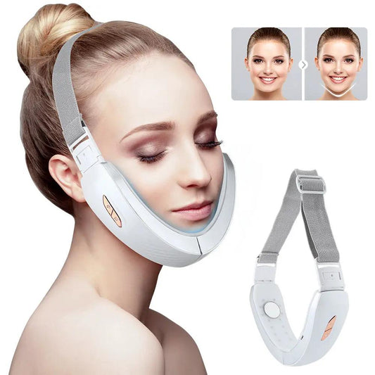 Wireless facial massager with EMS for jawline lift, white body with gray adjustable strap on Tampa Home & Garden Store