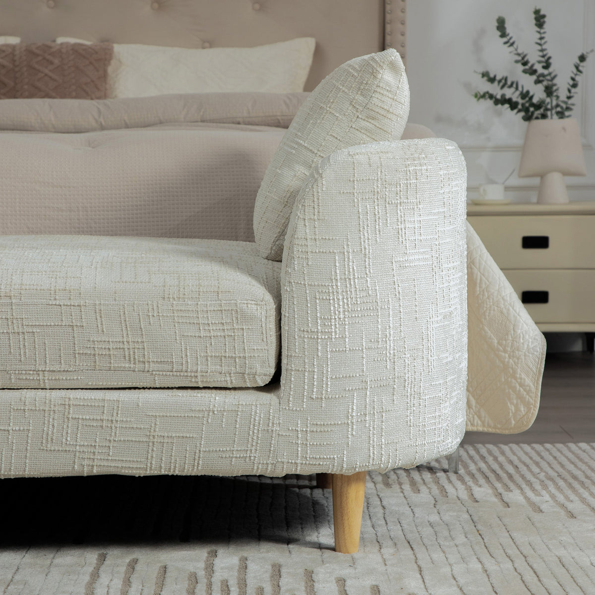 77.17-inch wide upholstered end-of-bed bench in cream fabric with wooden legs HouseOfZazla on Tampa Home & Garden Store