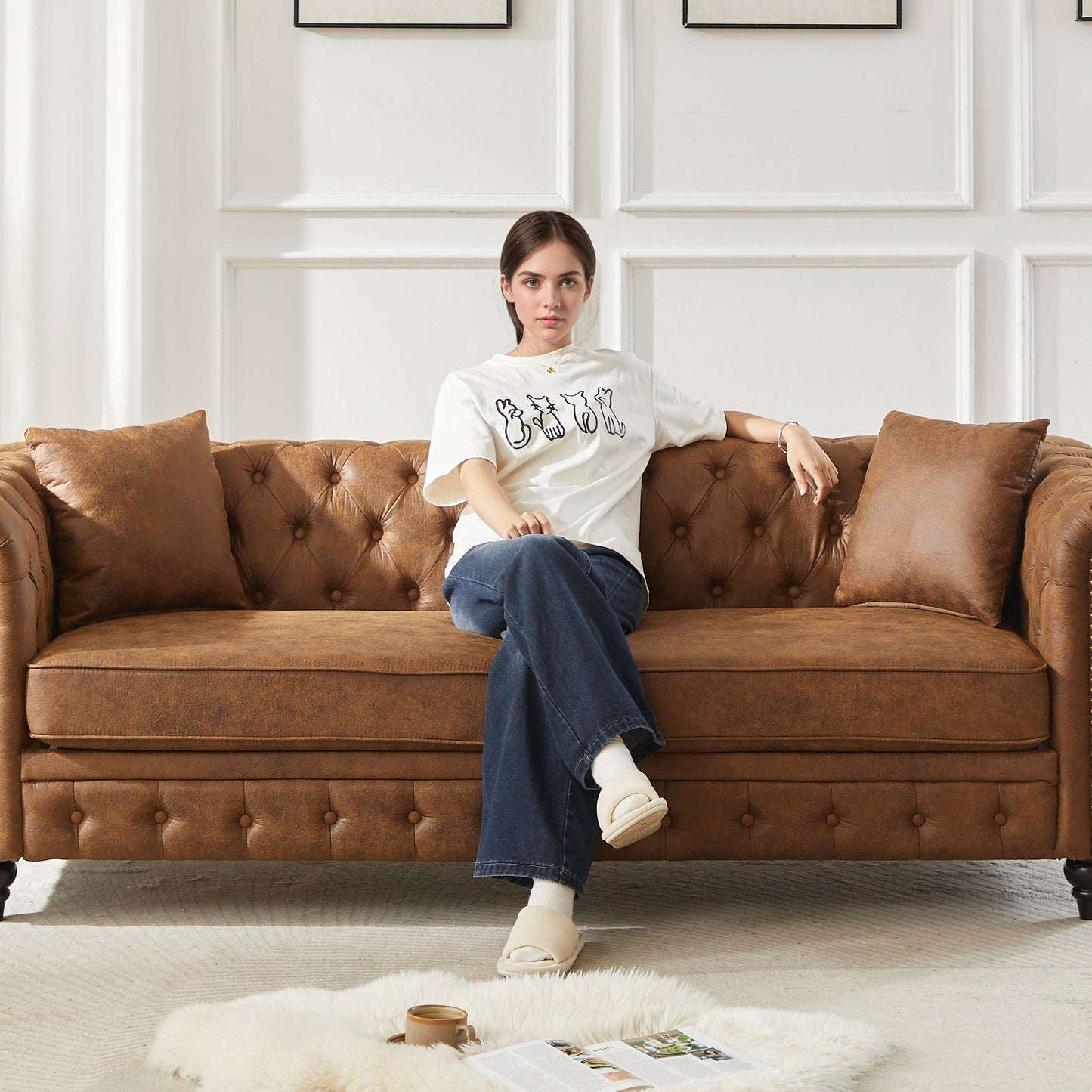 Tech Fabric Chesterfield Sofa with Rolled Arms