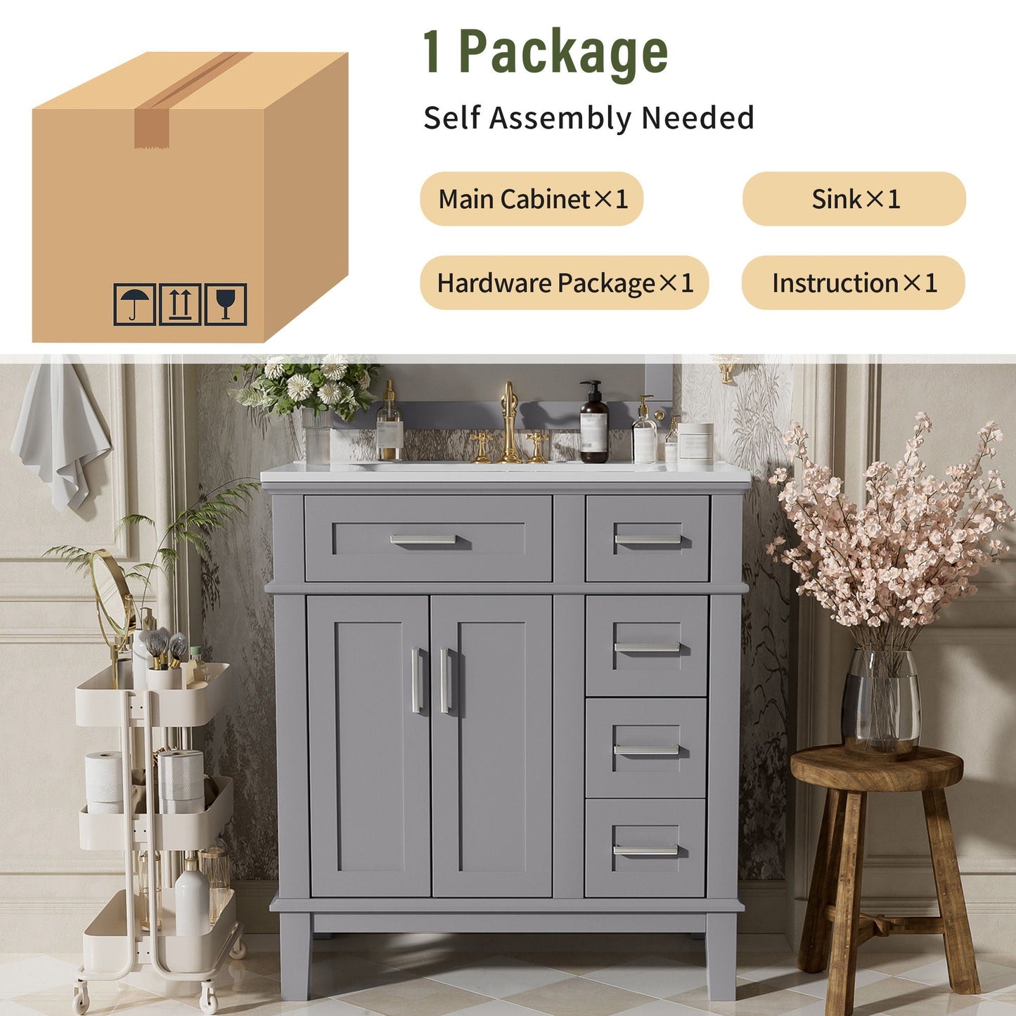 Modern bathroom vanity with sink, gray cabinet, soft-close doors and deep drawers HouseOfZazla on Tampa Home & Garden Store