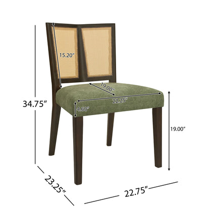 Mid-Century Rattan Dining Chair Without Arms Set dark wood caned back green cushion on Tampa Home & Garden Store