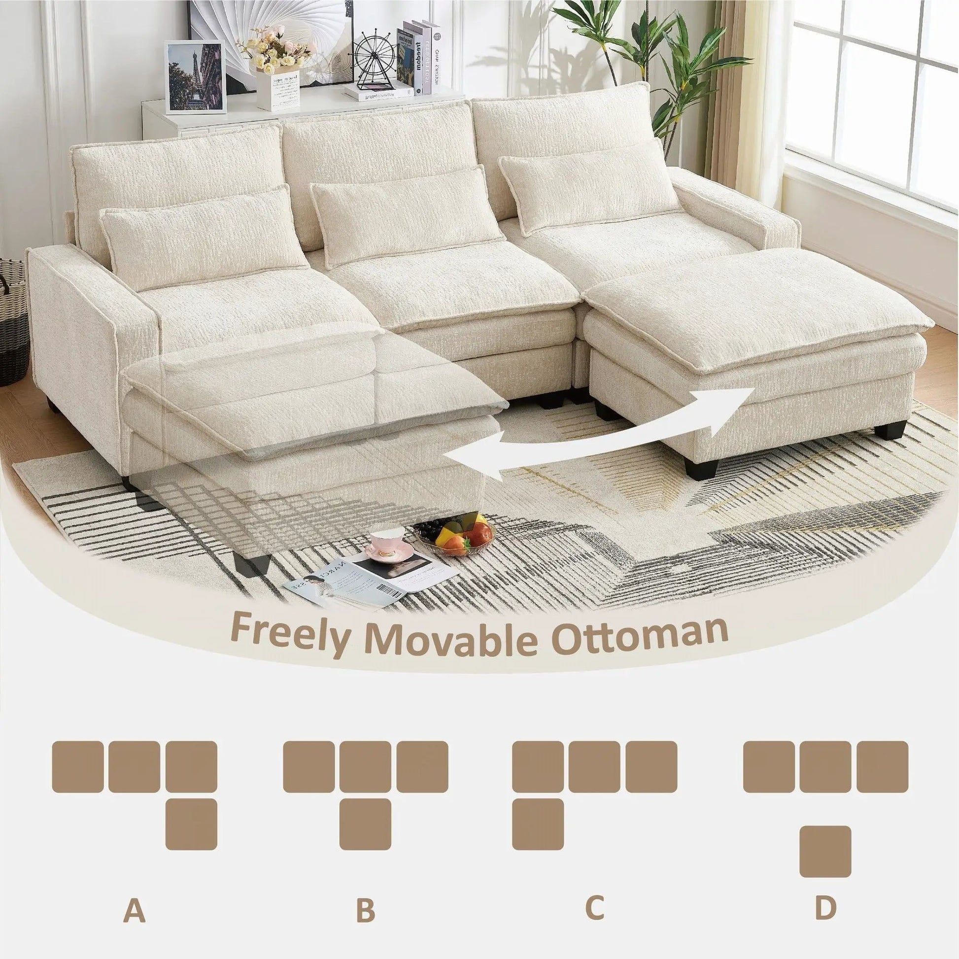 Modern comfy L-shaped sectional sofa with movable ottoman beige fabric 2-piece living room set on Tampa Home & Garden Store