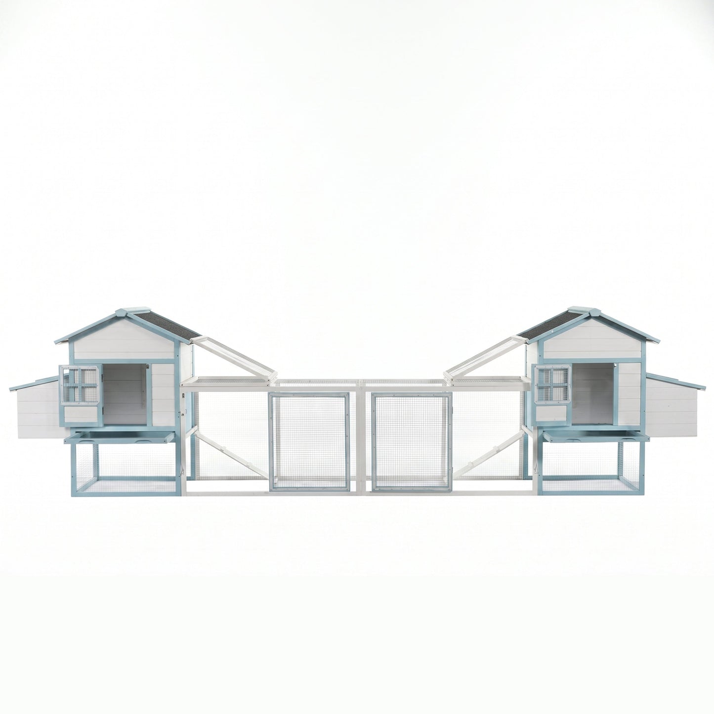 Large wooden chicken coops with dual nesting boxes and blue trim, connected by mesh run on Tampa Home & Garden Store