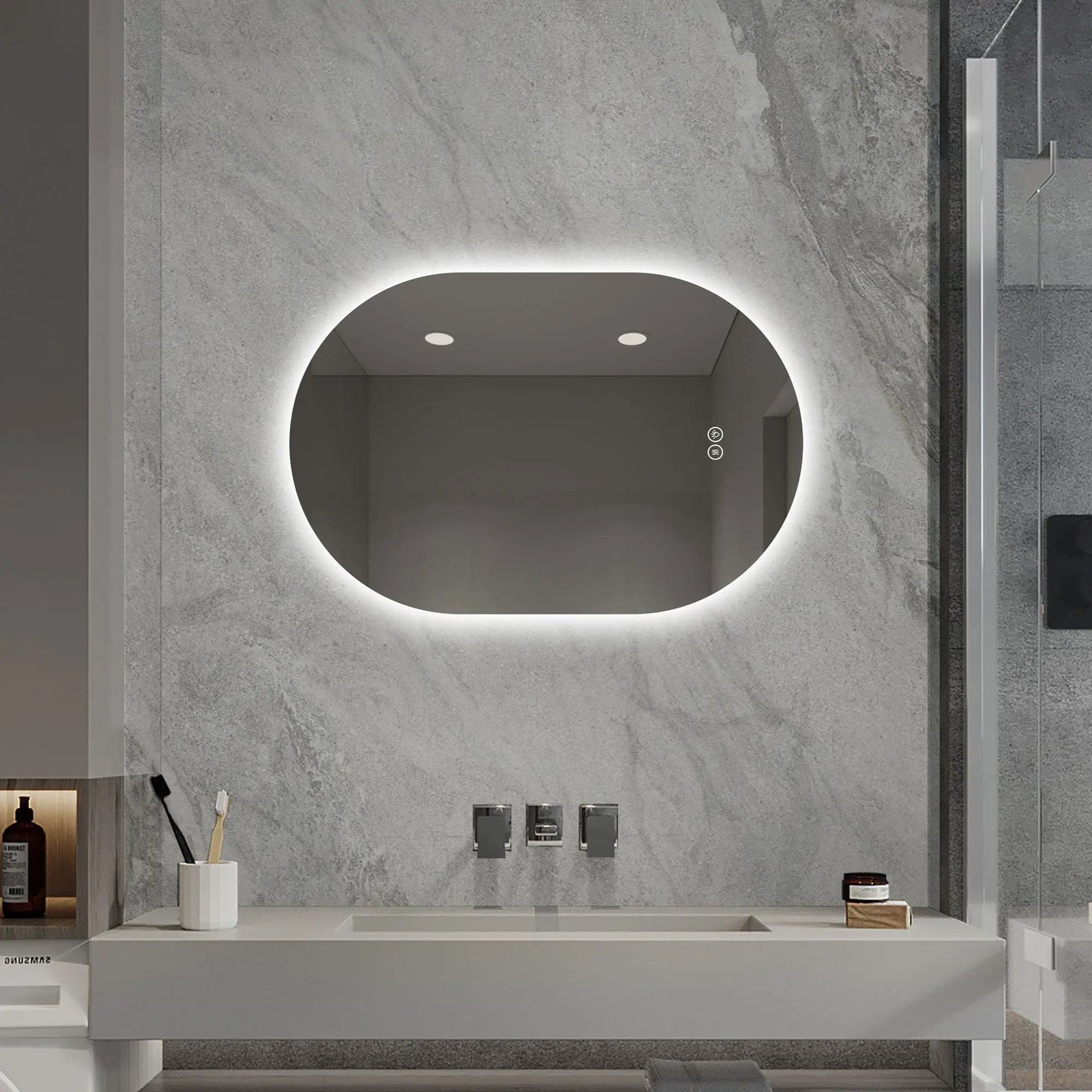 Round LED backlit wall mirror with touch controls and anti-fog, adjustable lighting on Tampa Home & Garden Store