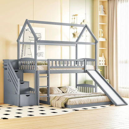 House bunk bed with slide in gray metal frame with staircase and loft on Tampa Home & Garden Store