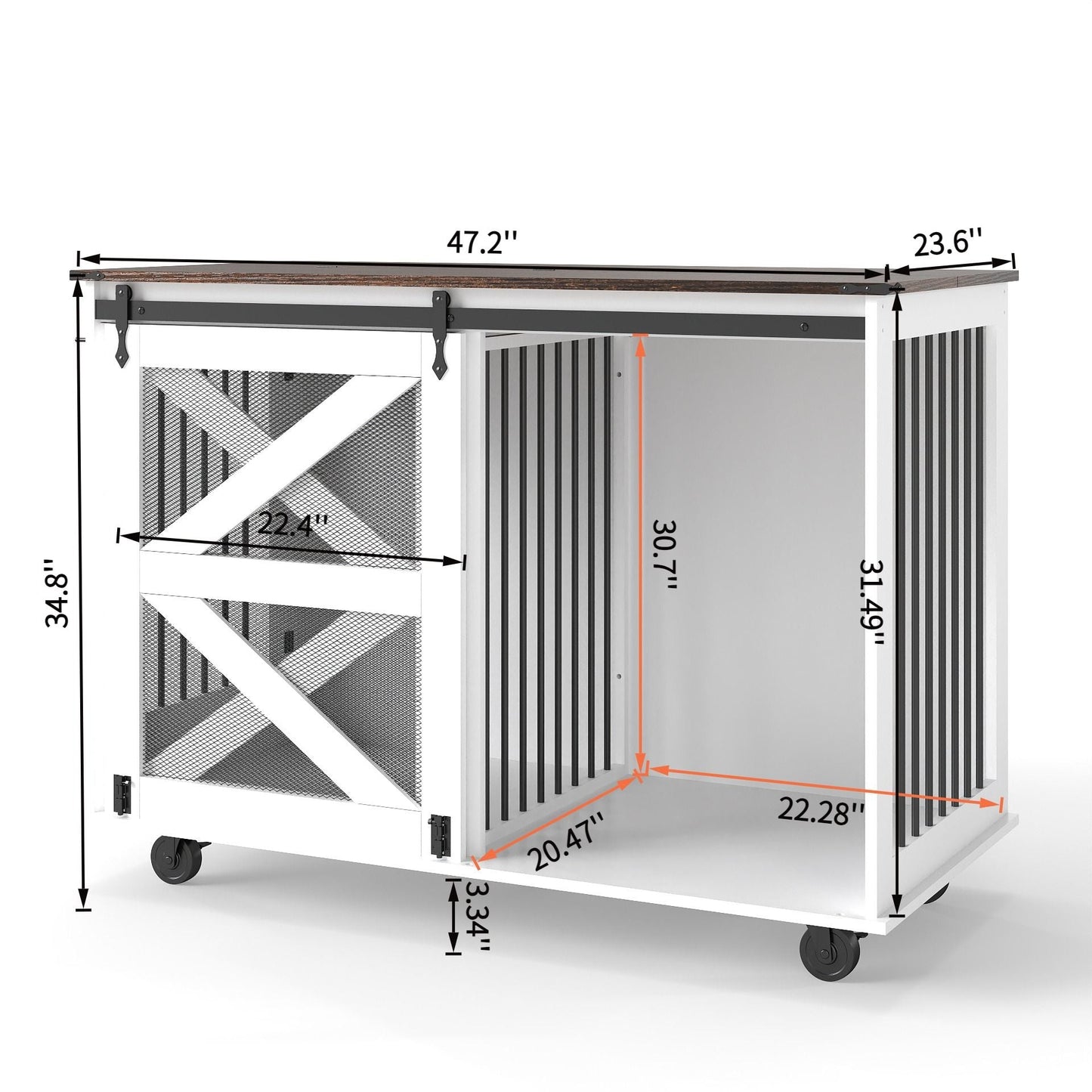 Mobile dog crate with flip top feeding door, dual access, brown wood trim on white, casters, HouseOfZazla on Tampa Home & Garden Store