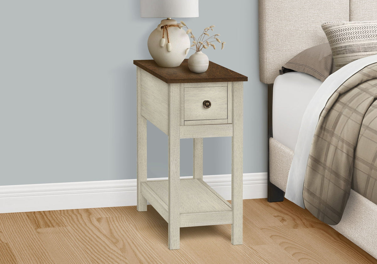 Accent End Table by HouseOfZazla, 2-Tier narrow with drawer, dark wood top, two vases on Tampa Home & Garden Store