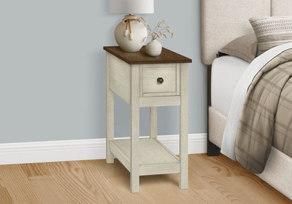 Accent End Table by HouseOfZazla, 2-Tier narrow with drawer, dark wood top, two vases on Tampa Home & Garden Store