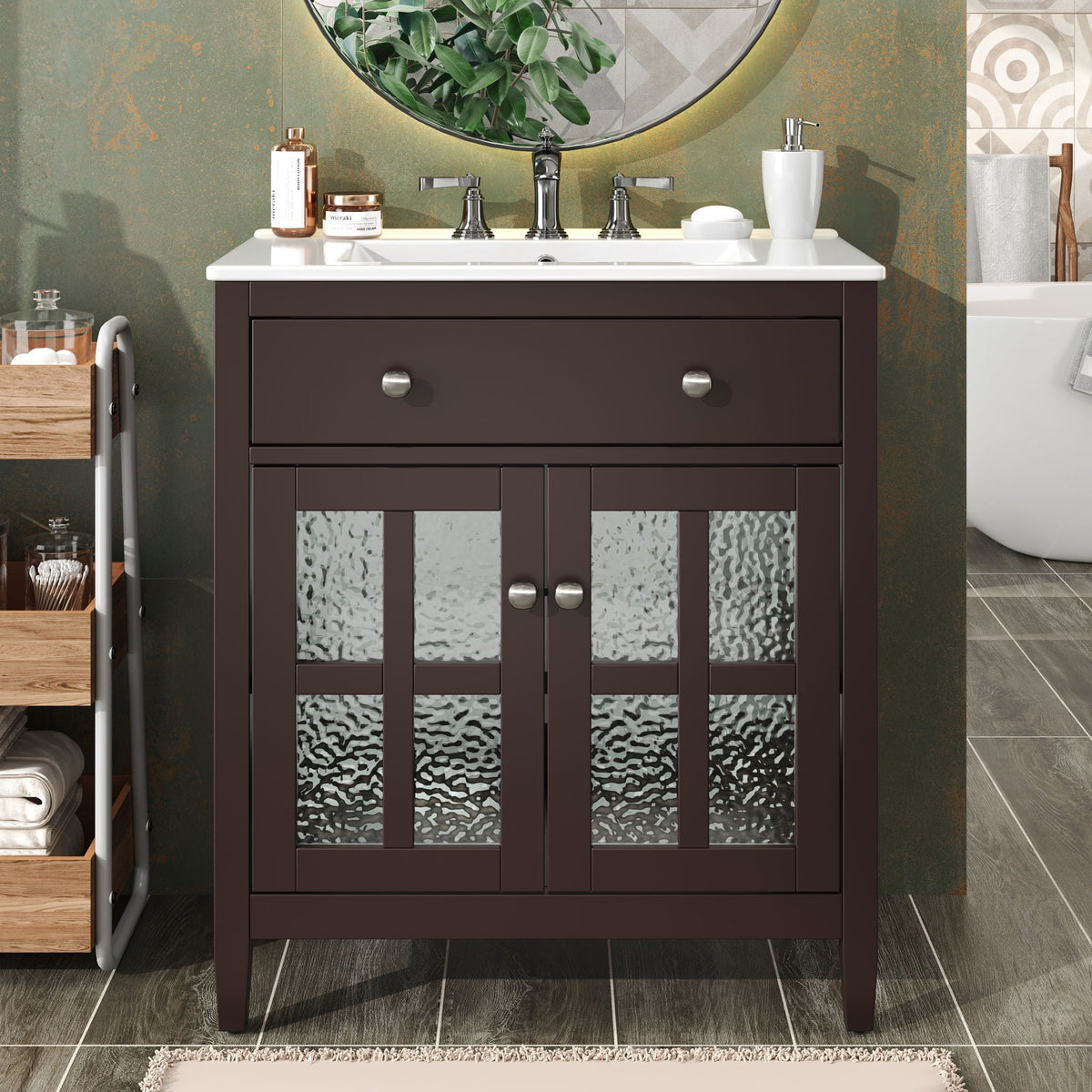 Bathroom vanity HouseOfZazla with white ceramic sink, dark brown cabinet, adjustable shelf on Tampa Home & Garden Store