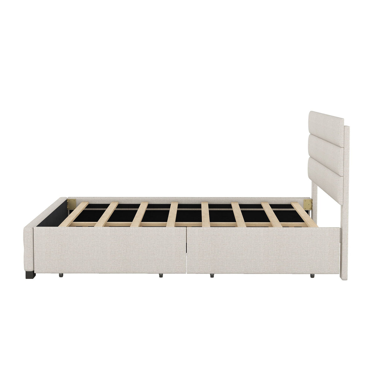 Beige queen platform bed with 2 front storage drawers, exposed slats, padded headboard on Tampa Home & Garden Store