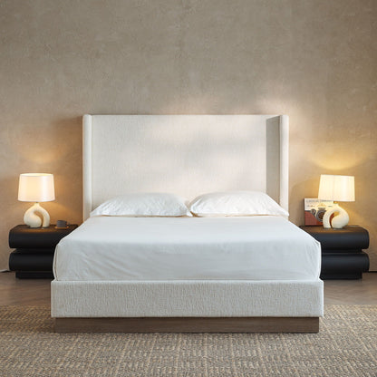 Hosford minimalist upholstered wingback bed with wood base in cream fabric on Tampa Home & Garden Store