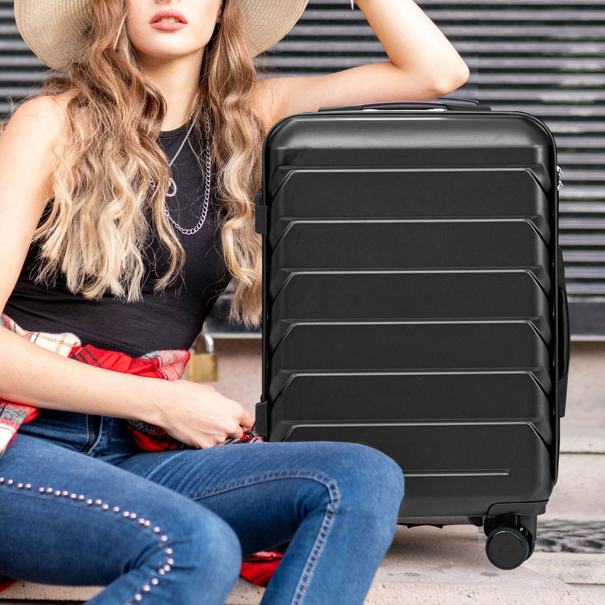 HouseOfZazla 3-Piece Luggage Set (20in/24in/28in) black hard-shell spinners with combo lock on Tampa Home & Garden Store