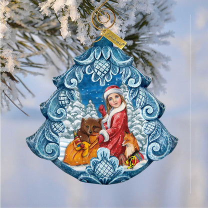 G. DeBrekht Snow Maiden with Forest Friends hand-painted ornament with girl and animals on Tampa Home & Garden Store