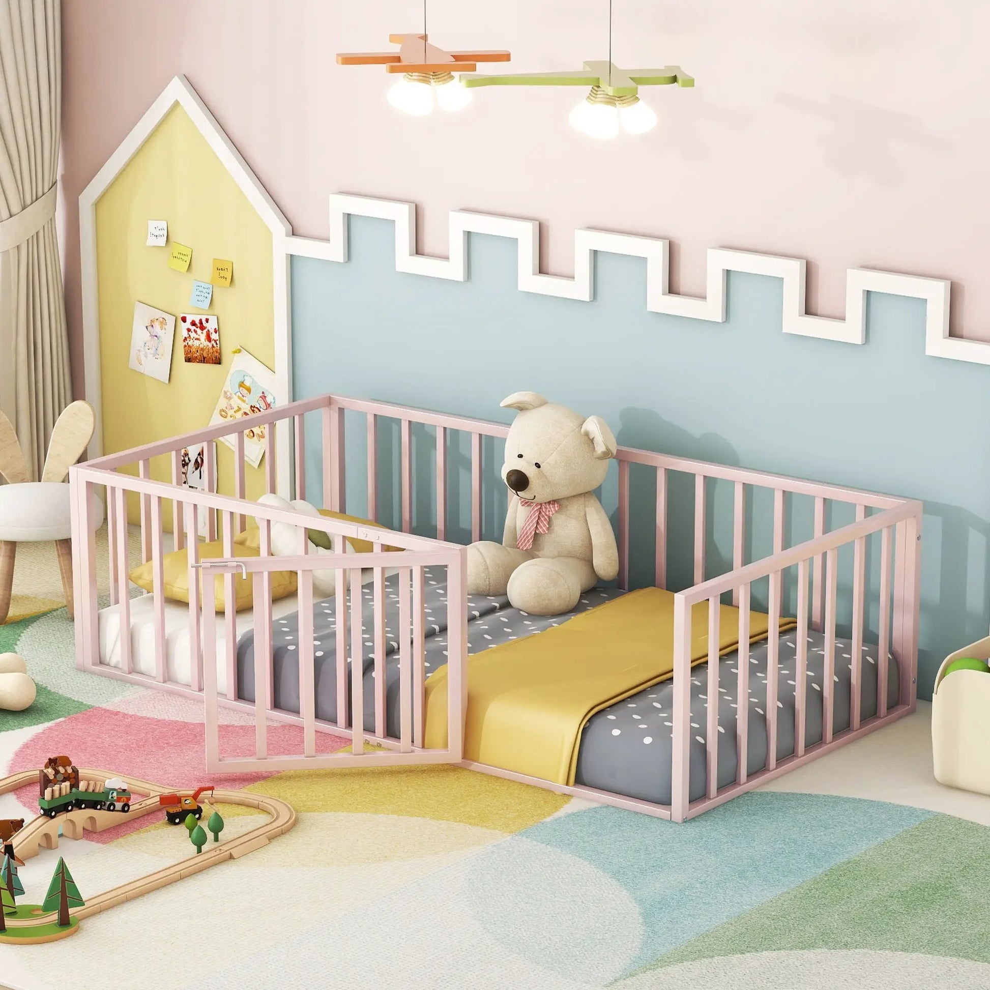 Pink metal floor bed frames with fences and doors, two panel beds in a pastel kids' room on Tampa Home & Garden Store