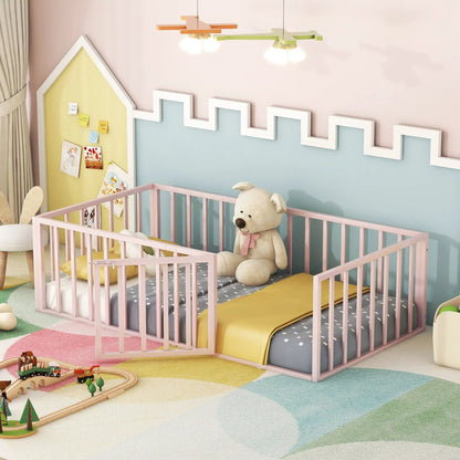 Pink metal floor bed frames with fences and doors, two panel beds in a pastel kids' room on Tampa Home & Garden Store