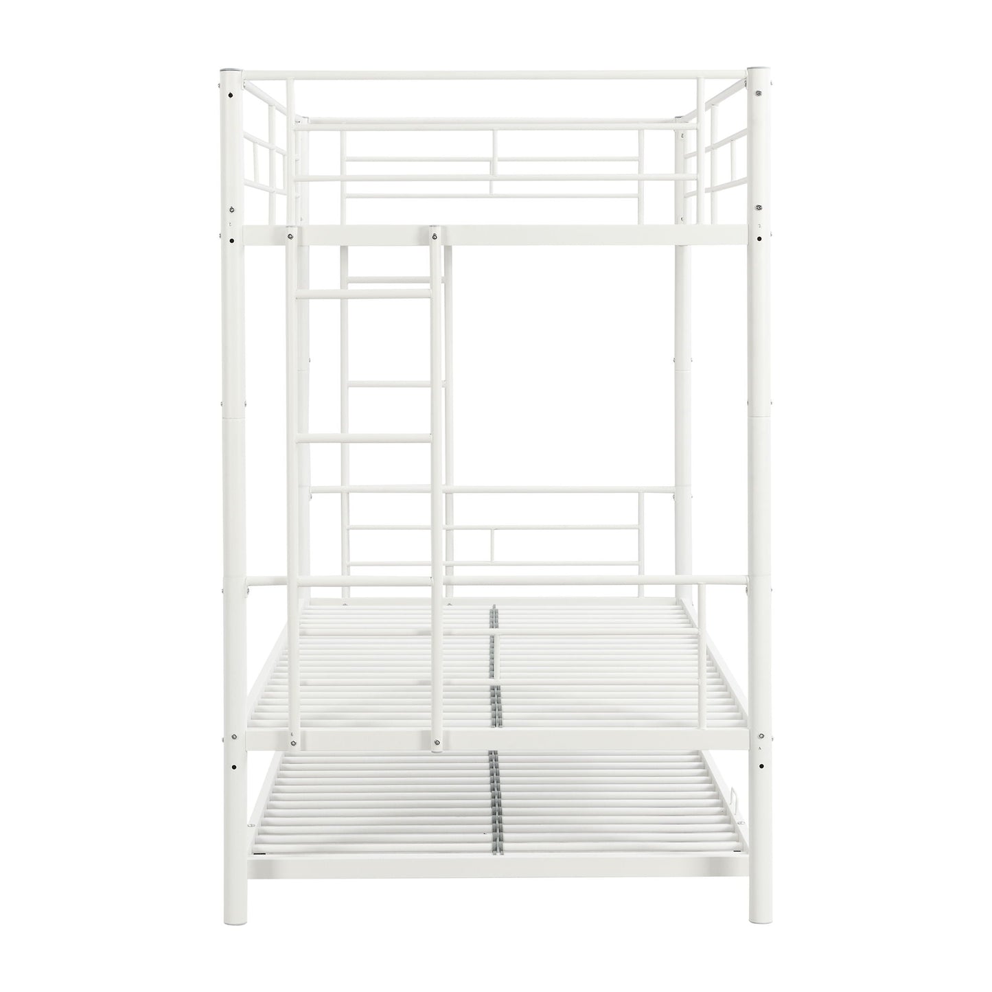 Bunk bed with trundle in white metal frame with ladder and guard rails on Tampa Home & Garden Store