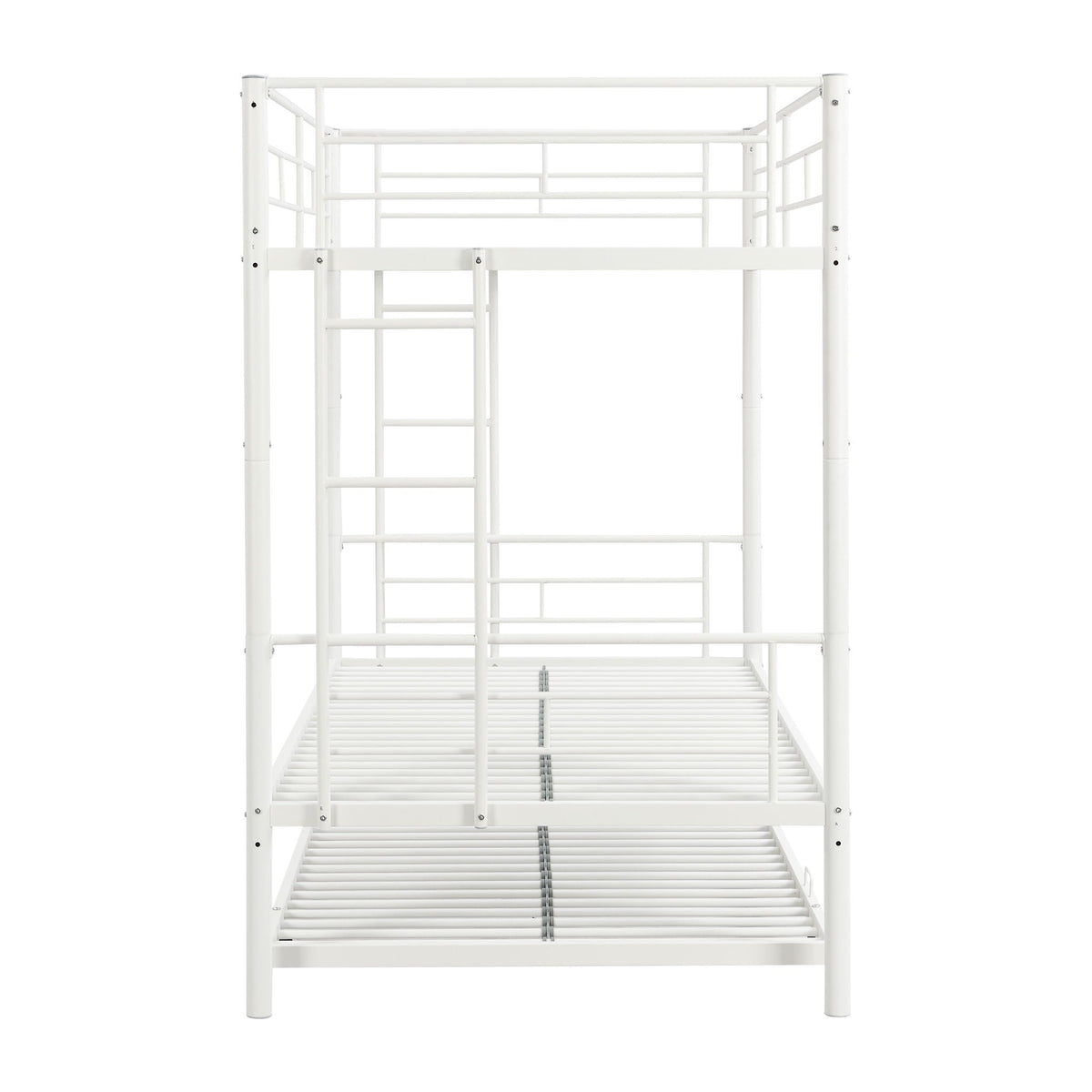 Bunk bed with trundle in white metal frame with ladder and guard rails on Tampa Home & Garden Store