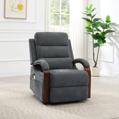 Kayla power recliner with lift in gray, wooden curved armrests, in a bright living room on Tampa Home & Garden Store