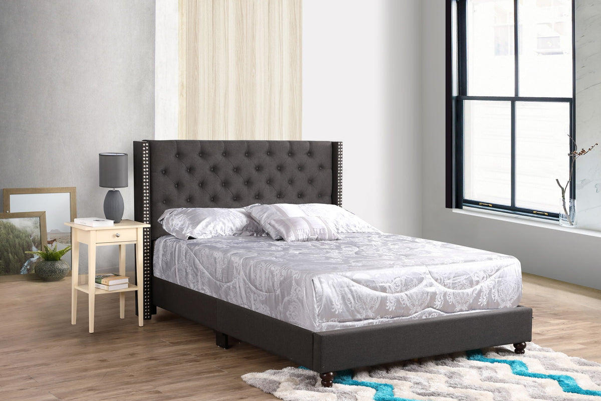 Nailhead Bed upholstered bed in dark gray fabric with tufted headboard HouseOfZazla on Tampa Home & Garden Store