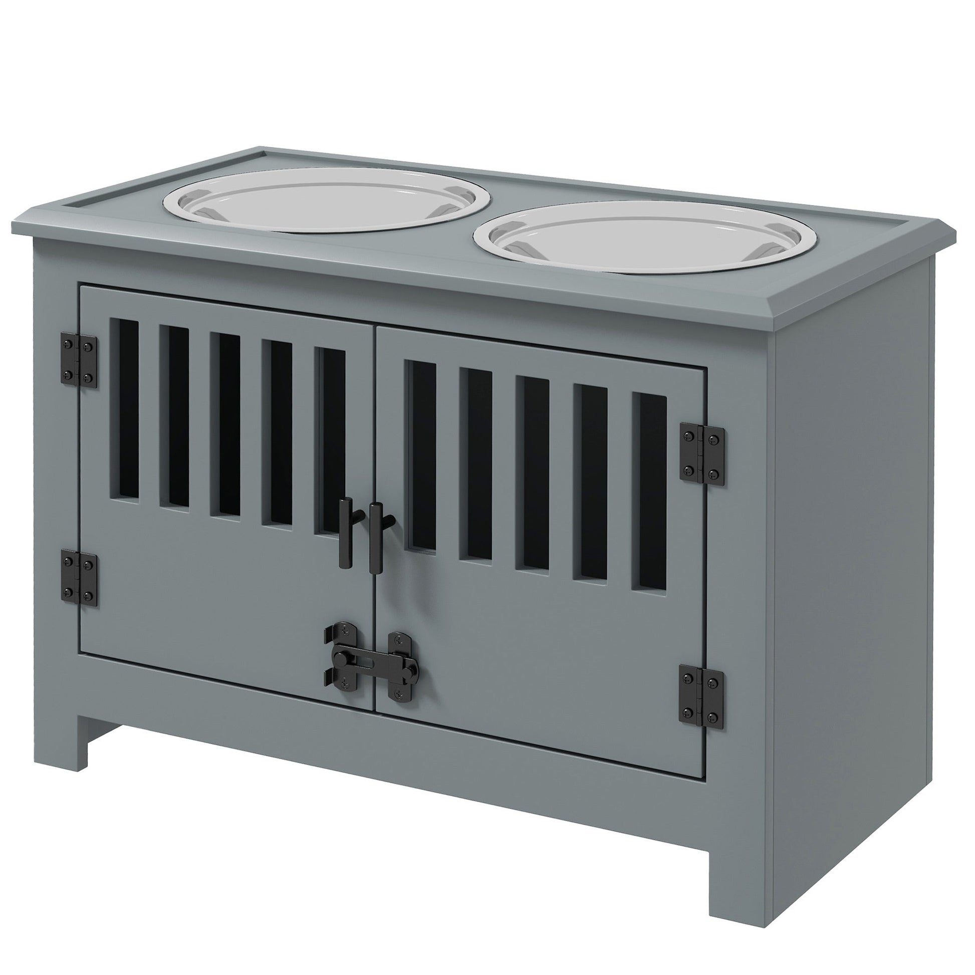 PawHut elevated dog bowls with storage cabinet on gray stand with two stainless bowls on Tampa Home & Garden Store