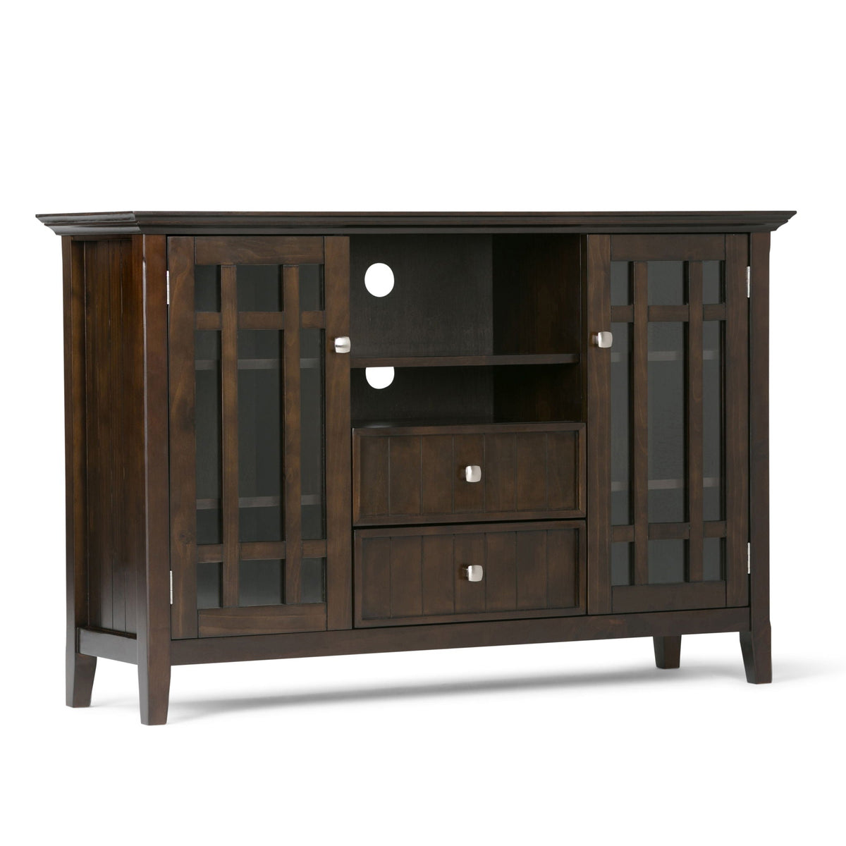 Handcrafted tall solid wood TV media stand with glass-front doors in dark walnut HouseOfZazla on Tampa Home & Garden Store