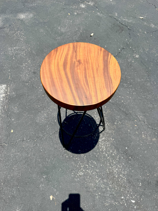 Iron frame bar stool with round teak seat for outdoor use The Broward Design Center on Tampa Home & Garden Store
