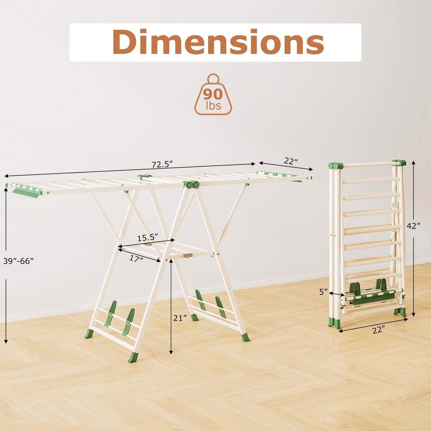 72.5 Inches Clothes Drying Rack with Height Adjustable Wings