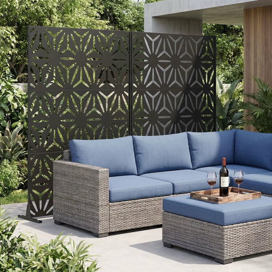 Metal privacy screen two-panel black 72H x 48W freestanding DirectDeals starburst pattern on Tampa Home & Garden Store