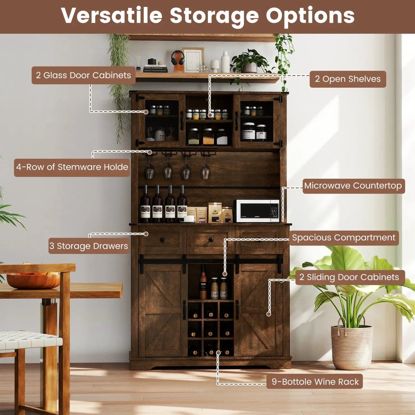 72 Inch Coffee Bar Cabinet With Drawers and Doors