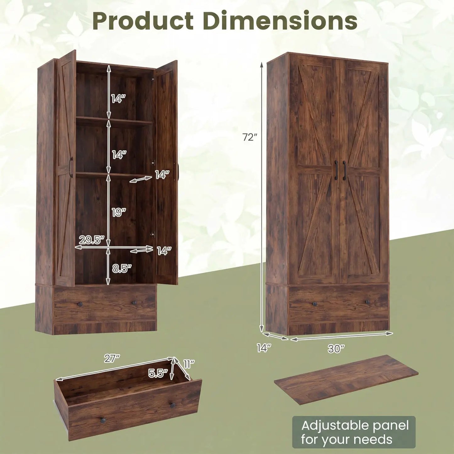 72 Inch Tall Kitchen Pantry Cabinet Farmhouse Wooden Cupboard with 2 Doors