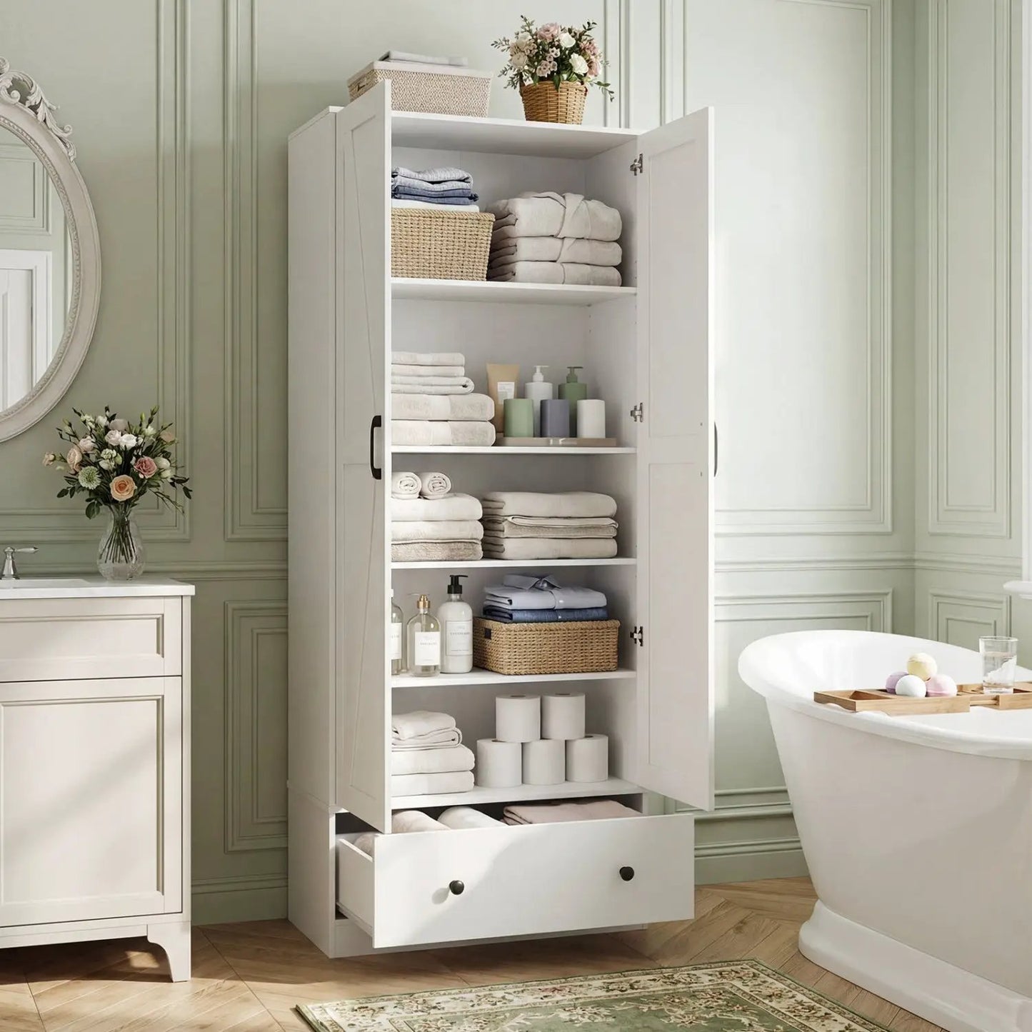 72 Inch Tall Kitchen Pantry Cabinet Farmhouse Wooden Cupboard with 2 Doors