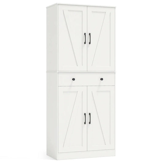 Tall white farmhouse cupboard cabinet with 4 barn doors and black metal pulls DirectDeals on Tampa Home & Garden Store