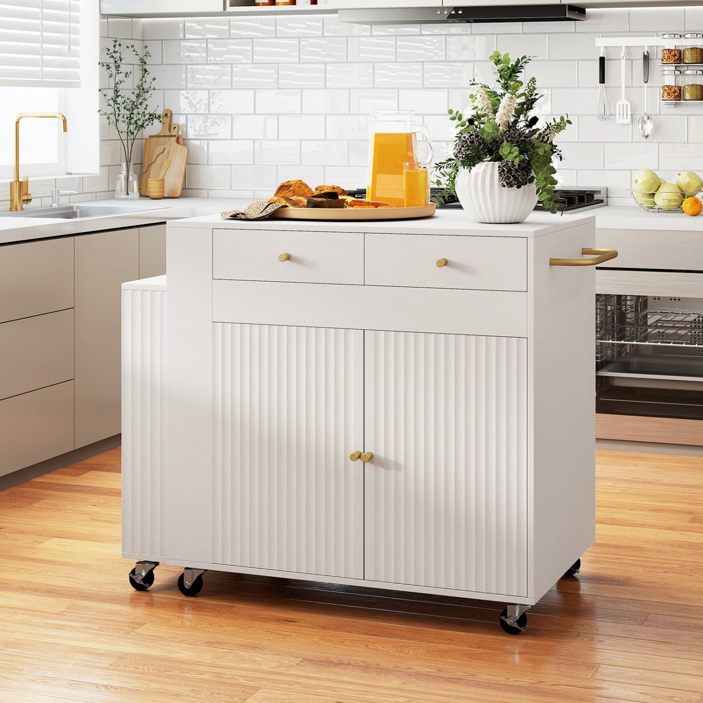 72in Kitchen Island with Extendable Table and Power Outlet, white with gold knobs on wheels on Tampa Home & Garden Store