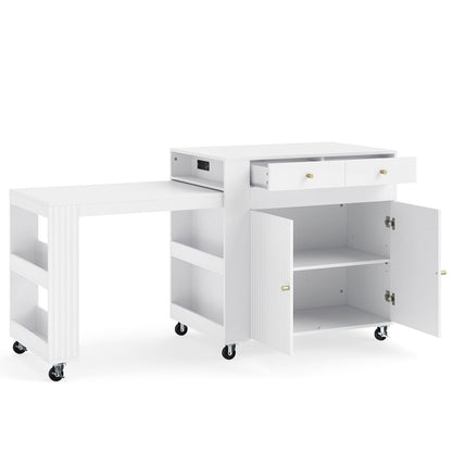 72-inch White Kitchen Island with Extendable Dining Table, power outlet, drawers and cabinet storage on casters DirectDeals on Tampa Home & Garden Store