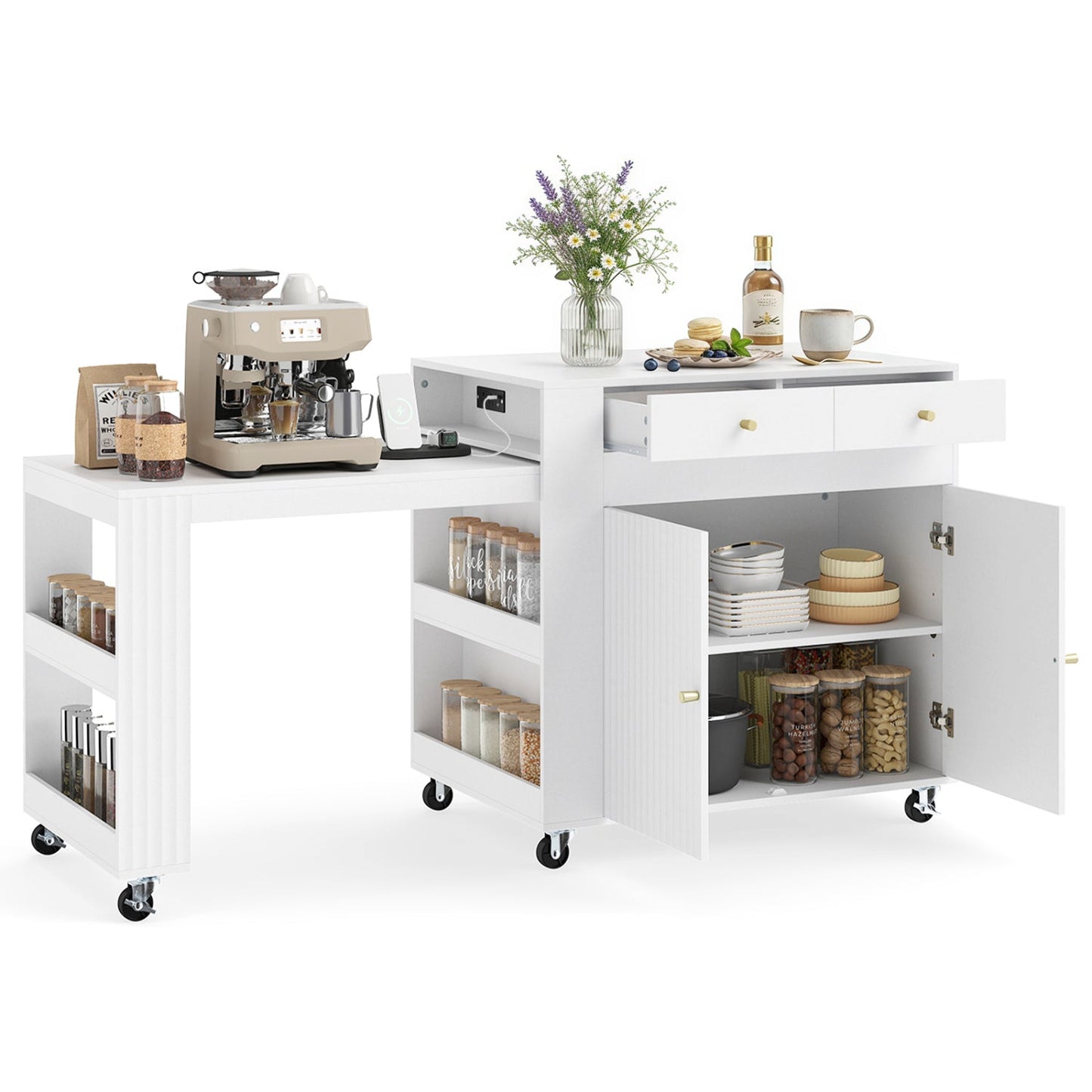 72in Kitchen Island by DirectDeals with extendable dining top, power outlet and white storage shelves on Tampa Home & Garden Store