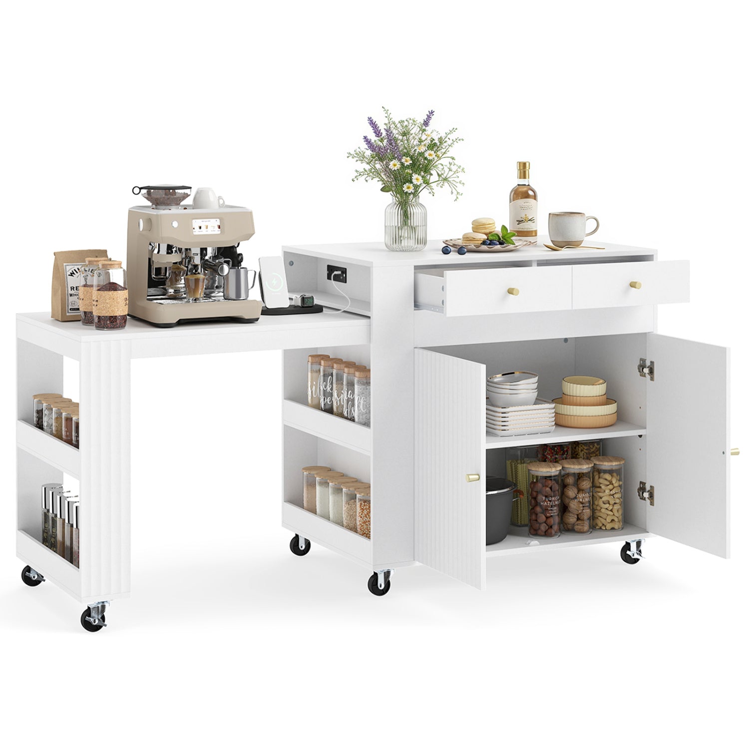 72in Kitchen Island by DirectDeals with extendable dining top, power outlet and white storage shelves on Tampa Home & Garden Store