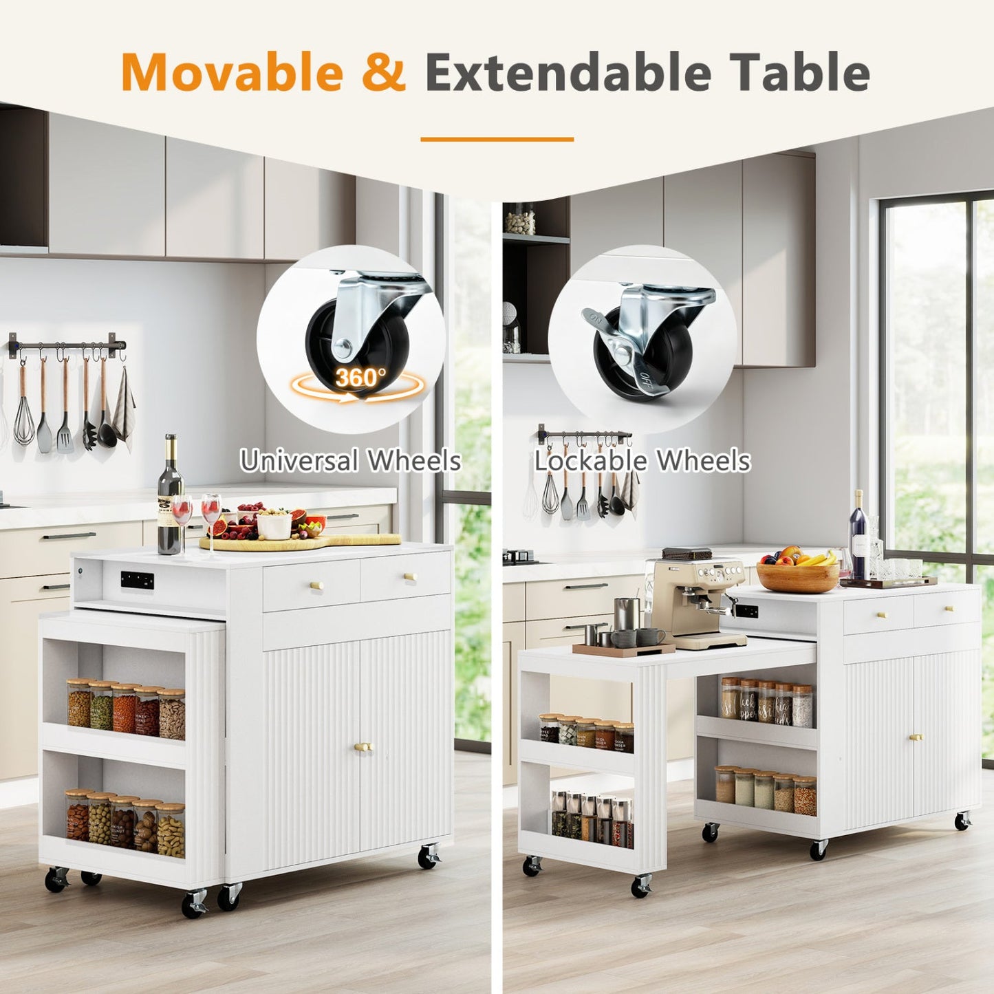 72-in Kitchen Island with Extendable Table & Power Outlet by DirectDeals, island on wheels on Tampa Home & Garden Store