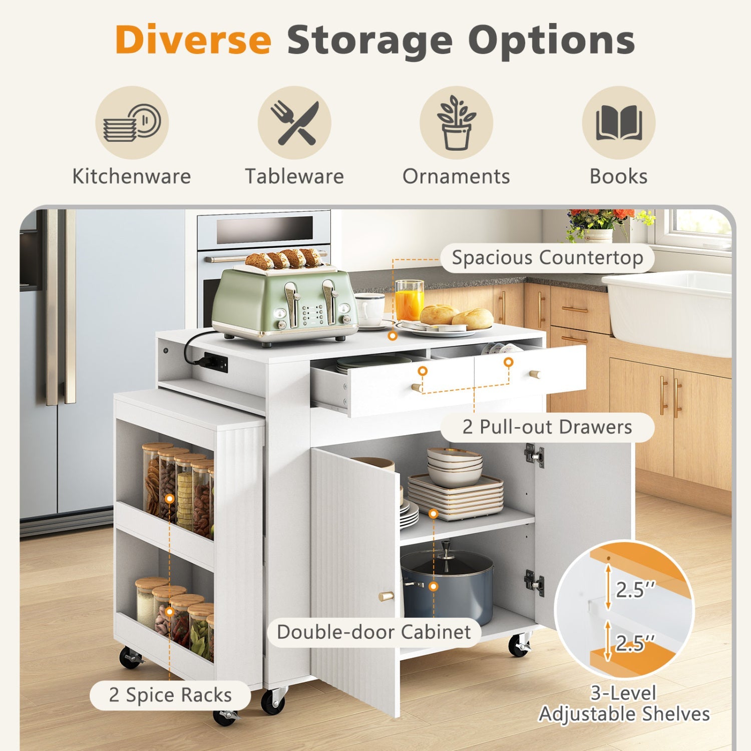72-inch DirectDeals island with extendable table and power outlet, white cabinet, 2 drawers on Tampa Home & Garden Store