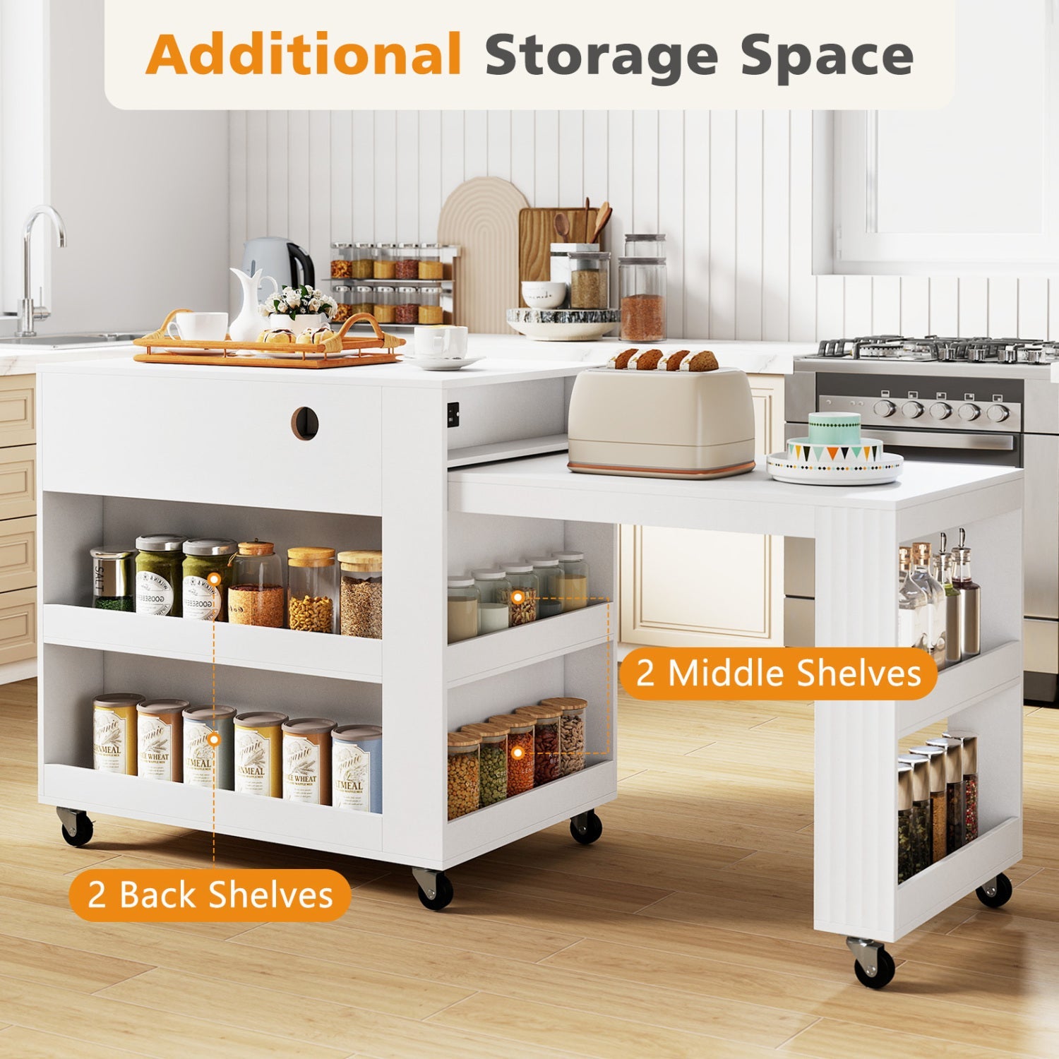 DirectDeals 72in white kitchen island with extendable dining table and power outlet on casters on Tampa Home & Garden Store