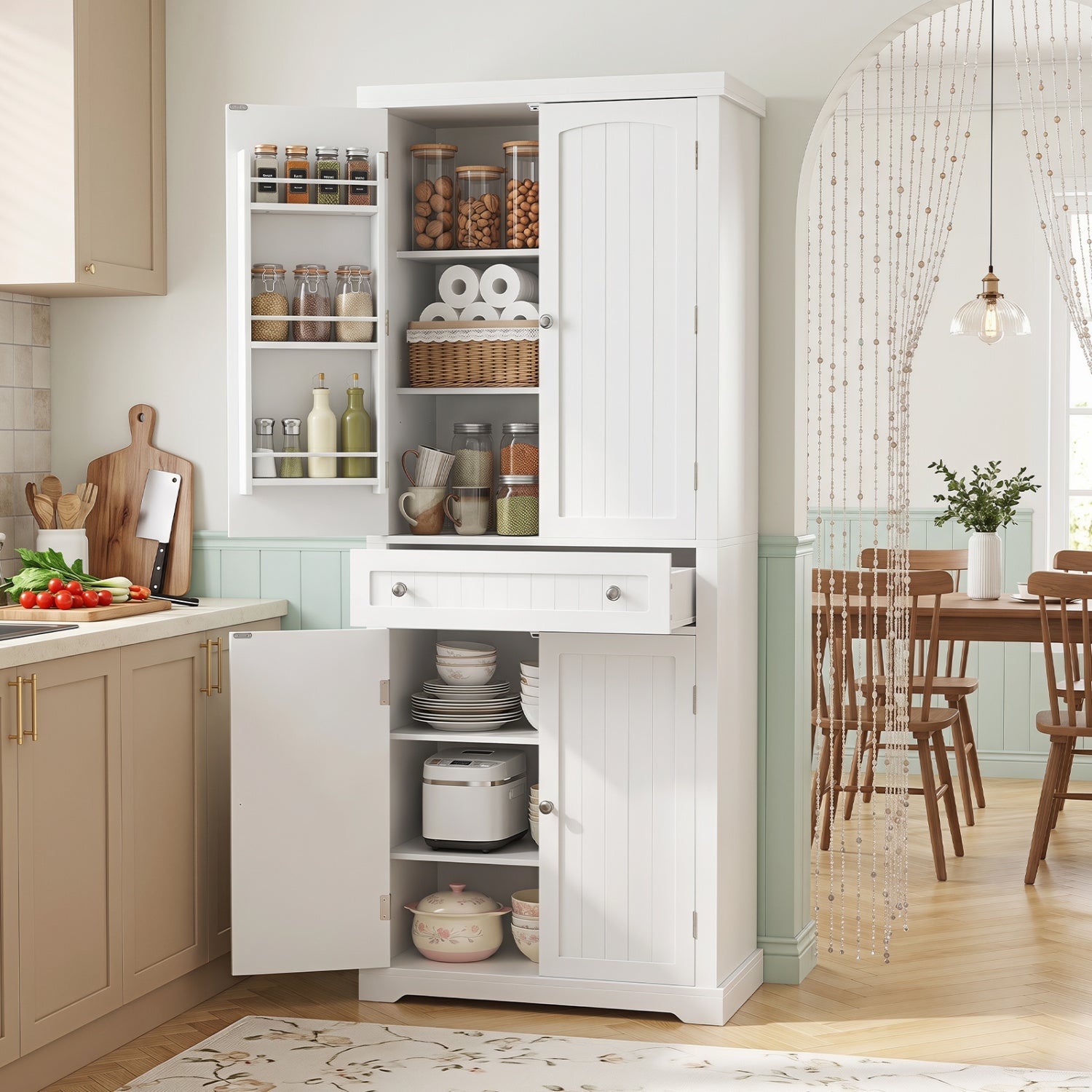 White 72in tall pantry cabinet with 4 fluted doors by DirectDeals; shelves hold jars and baskets on Tampa Home & Garden Store