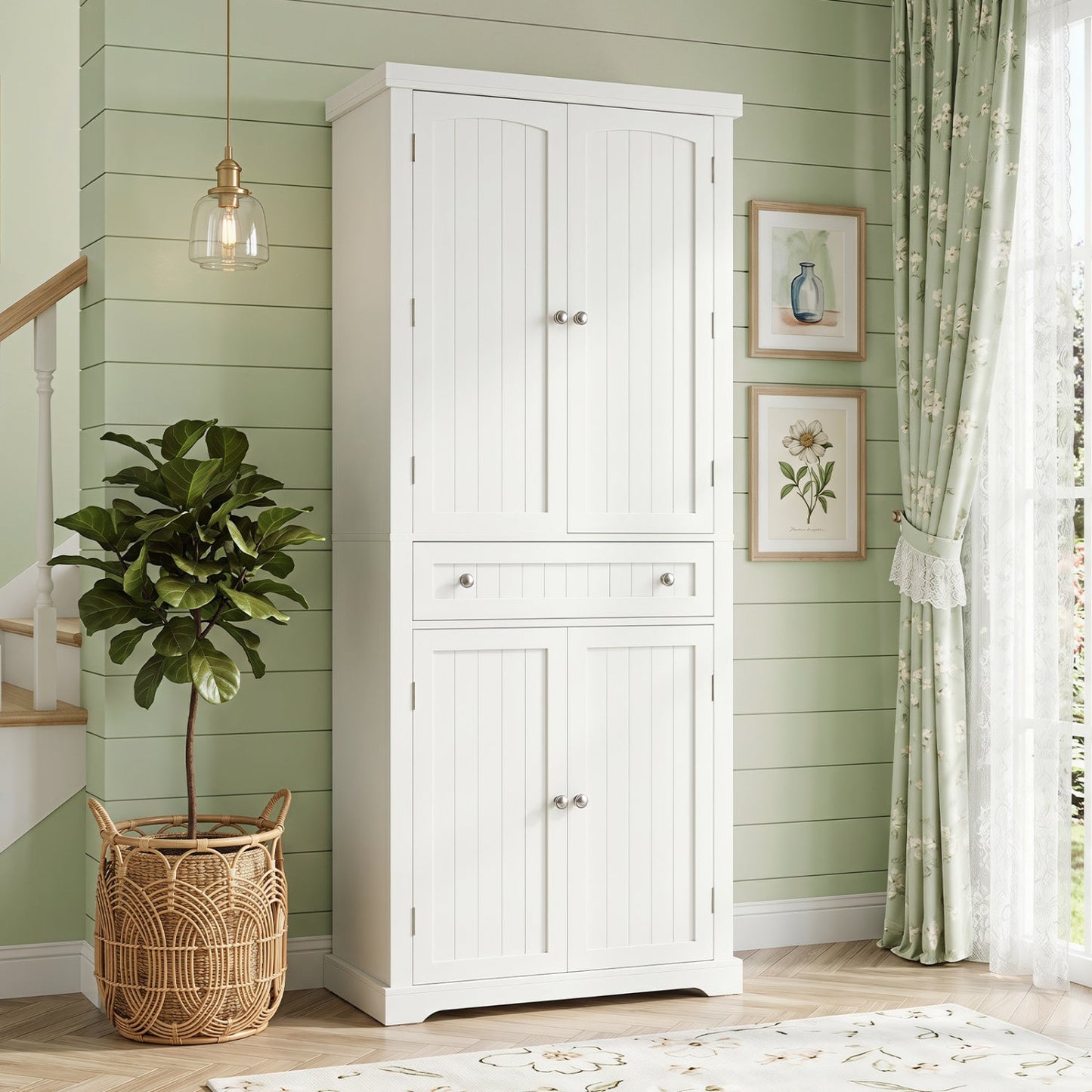 White 72in tall kitchen pantry cabinet with 4 fluted doors and central drawer DirectDeals on Tampa Home & Garden Store