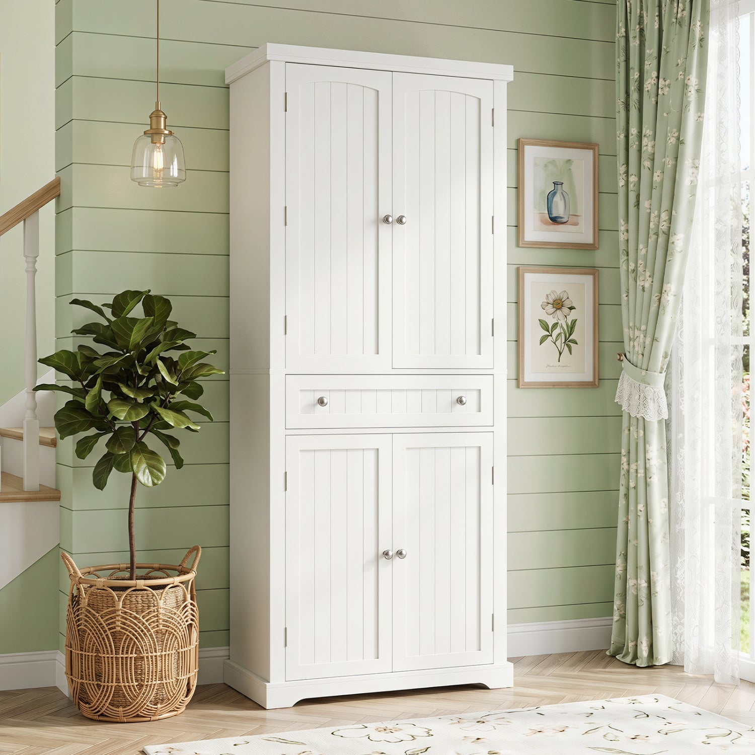 White 72in tall kitchen pantry cabinet with 4 fluted doors and central drawer DirectDeals on Tampa Home & Garden Store