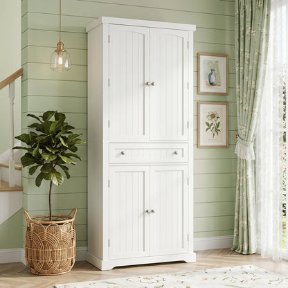 White 72in tall kitchen pantry cabinet with 4 fluted doors and central drawer DirectDeals on Tampa Home & Garden Store