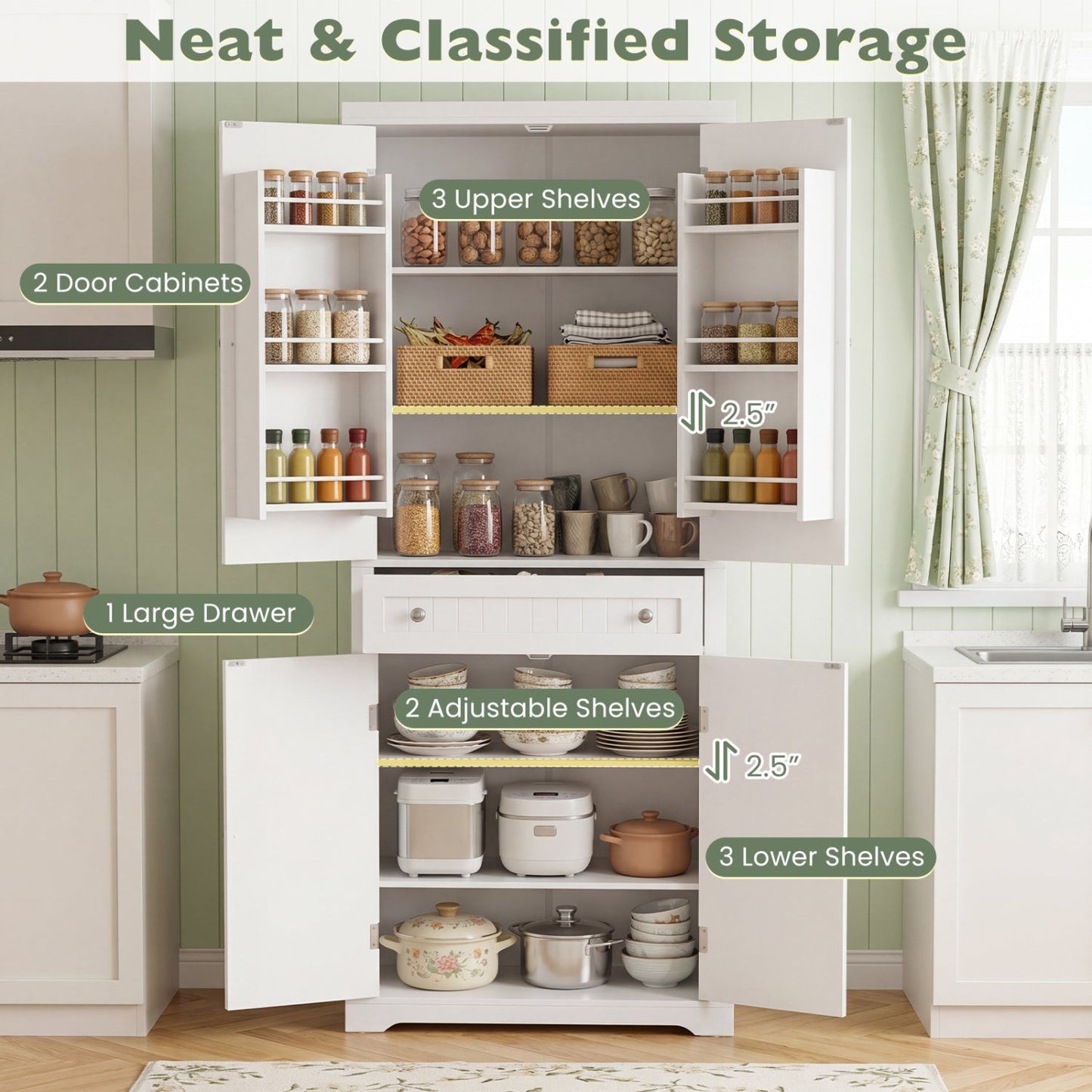 72in Tall Kitchen Pantry Cabinet with 4 Fluted Doors, white, DirectDeals on Tampa Home & Garden Store